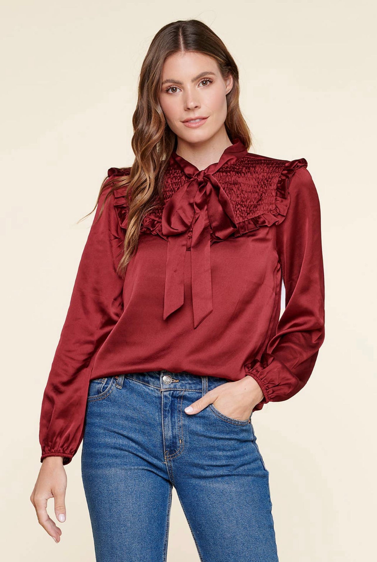 Ruby satin tie neck smocked blouse