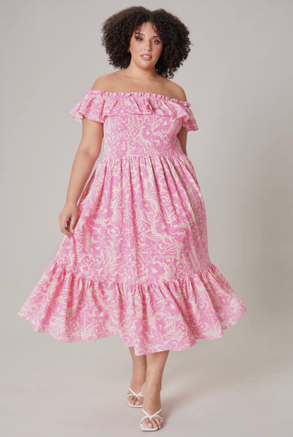 Malia Floral off the shoulder smocked midi Dress Curve